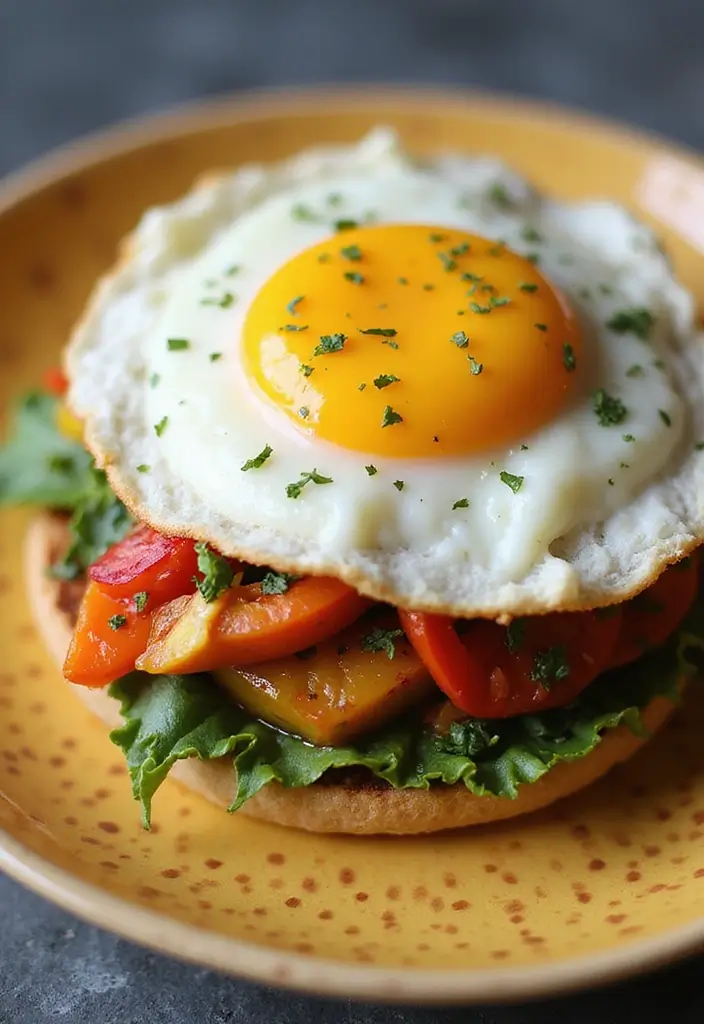 27 Egg and English Muffin Recipes for Quick Breakfasts 46 27 Egg and English Muffin Recipes for Quick Breakfasts - 8. Egg and Veggie English Muffin Stack